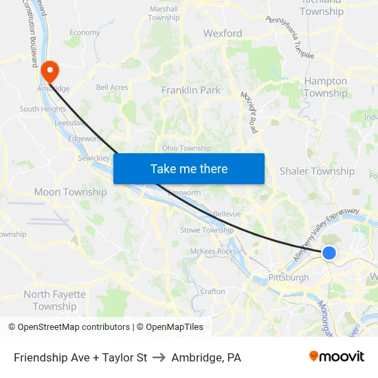 Friendship Ave + Taylor St to Ambridge, PA map