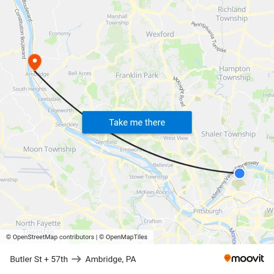 Butler St + 57th to Ambridge, PA map