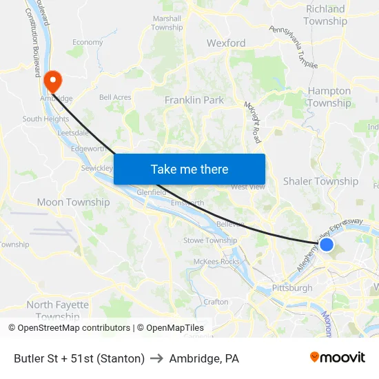 Butler St + 51st (Stanton) to Ambridge, PA map