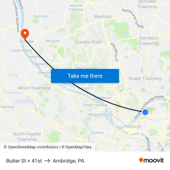 Butler St + 41st to Ambridge, PA map
