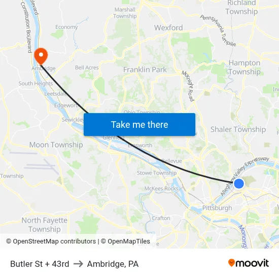 Butler St + 43rd to Ambridge, PA map