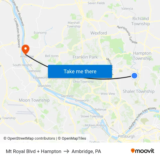 Mt Royal Blvd + Hampton to Ambridge, PA map