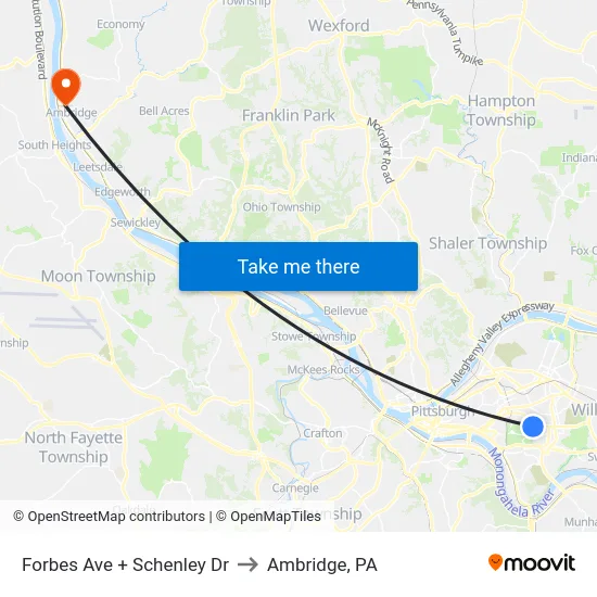Forbes Ave + Schenley Dr to Ambridge, PA map