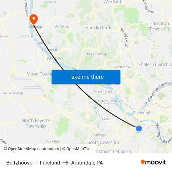 Beltzhoover + Freeland to Ambridge, PA map