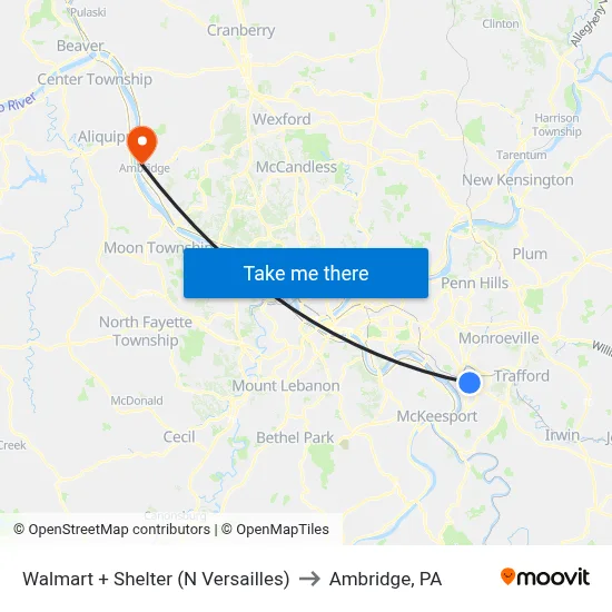 Walmart + Shelter (N Versailles) to Ambridge, PA map