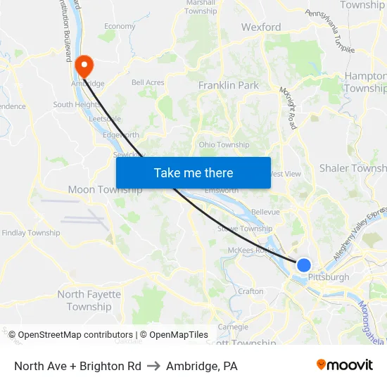 North Ave + Brighton Rd to Ambridge, PA map