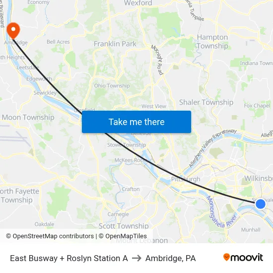 East Busway + Roslyn Station A to Ambridge, PA map