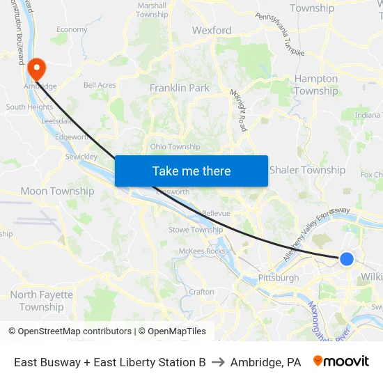 East Busway + East Liberty Station B to Ambridge, PA map