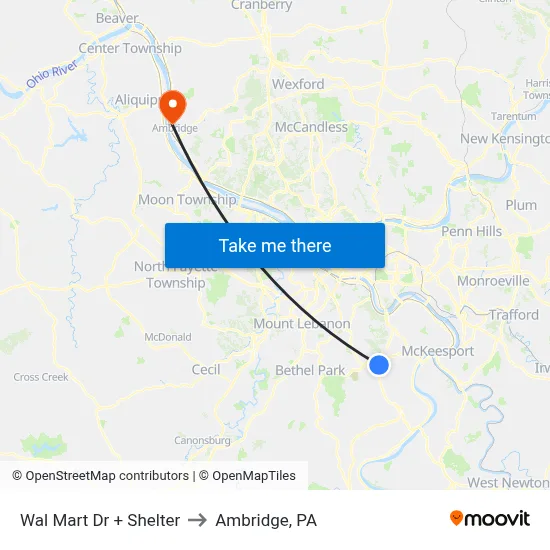 Wal Mart Dr + Shelter to Ambridge, PA map