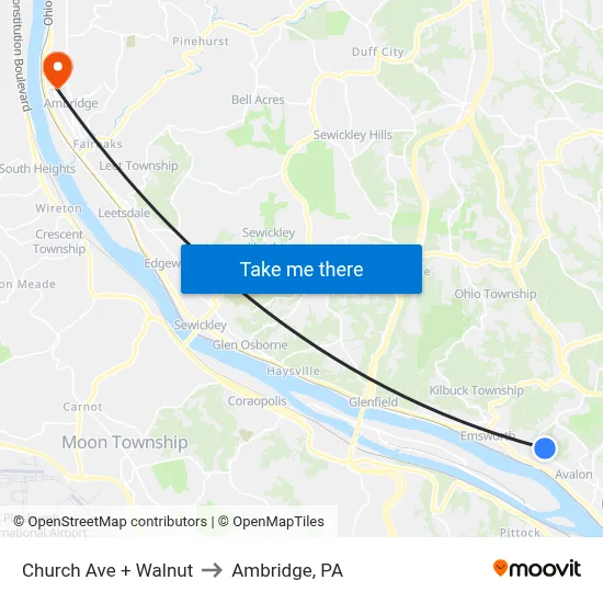 Church Ave + Walnut to Ambridge, PA map