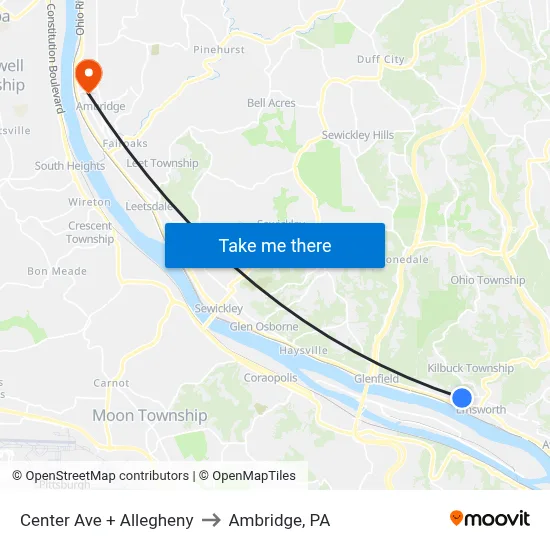 Center Ave + Allegheny to Ambridge, PA map