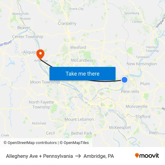 Allegheny Ave + Pennsylvania to Ambridge, PA map