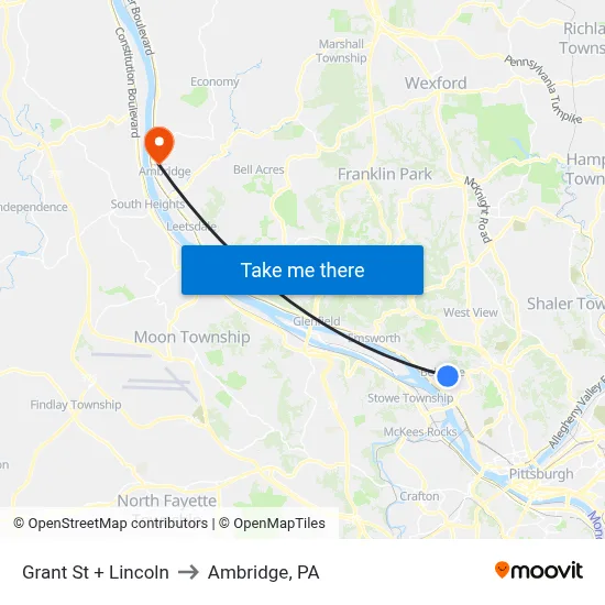 Grant St + Lincoln to Ambridge, PA map