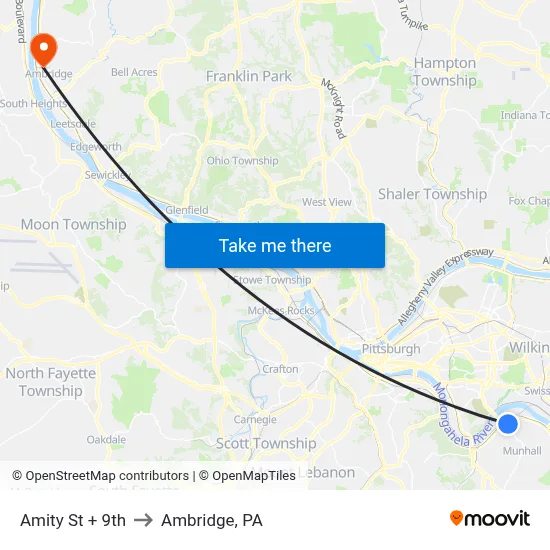 Amity St + 9th to Ambridge, PA map