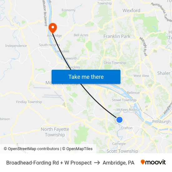 Broadhead-Fording Rd + W Prospect to Ambridge, PA map