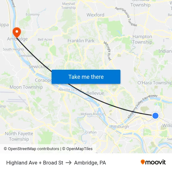 Highland Ave + Broad St to Ambridge, PA map