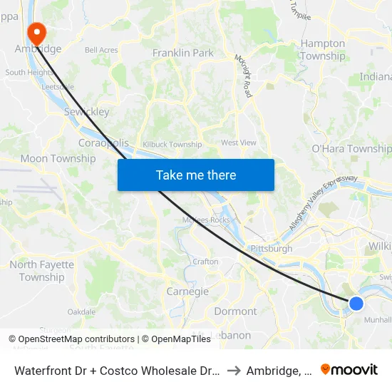 Waterfront Dr + Costco Wholesale Drvwy to Ambridge, PA map