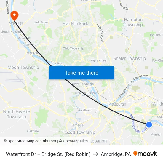 Waterfront Dr + Bridge St. (Red Robin) to Ambridge, PA map