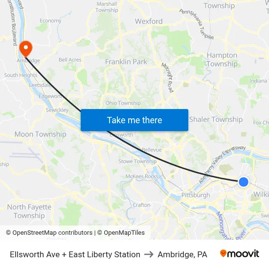 Ellsworth Ave + East Liberty Station to Ambridge, PA map