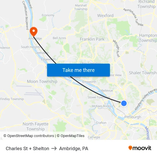 Charles St + Shelton to Ambridge, PA map