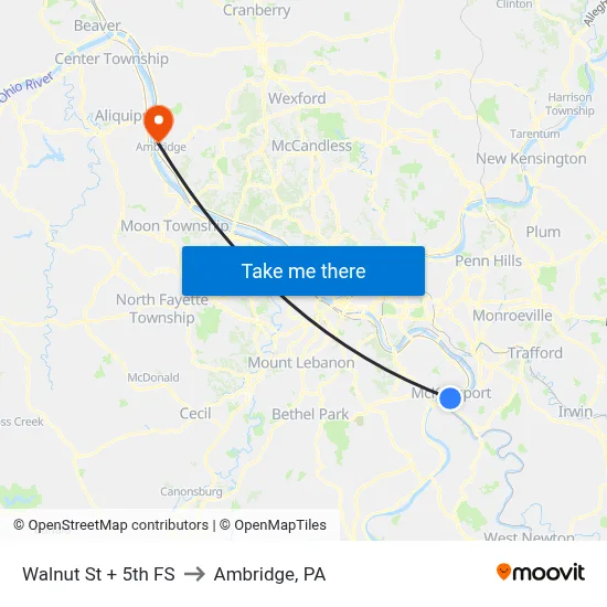 Walnut St + 5th FS to Ambridge, PA map