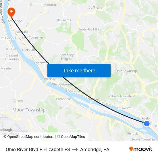 Ohio River Blvd + Elizabeth FS to Ambridge, PA map