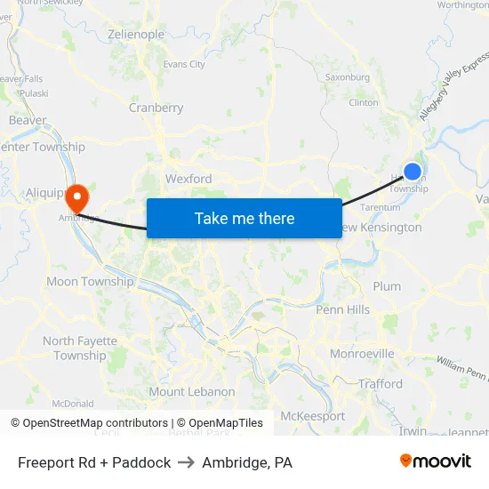 Freeport Rd + Paddock to Ambridge, PA map