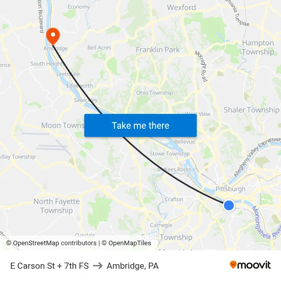 E Carson St + 7th FS to Ambridge, PA map