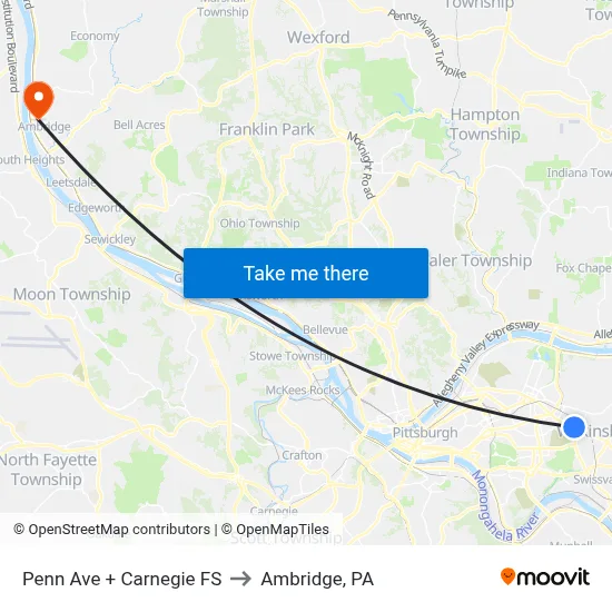 Penn Ave + Carnegie FS to Ambridge, PA map