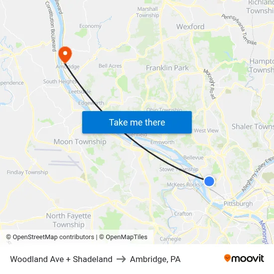 Woodland Ave + Shadeland to Ambridge, PA map