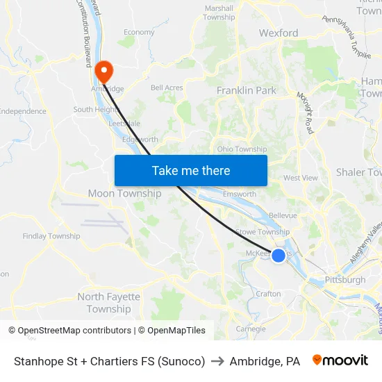 Stanhope St + Chartiers FS (Sunoco) to Ambridge, PA map