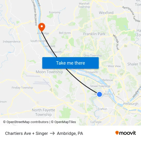 Chartiers Ave + Singer to Ambridge, PA map