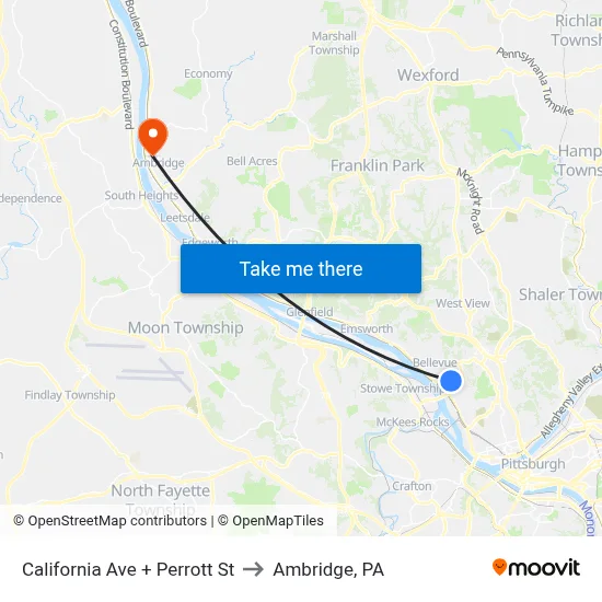 California Ave + Perrott St to Ambridge, PA map