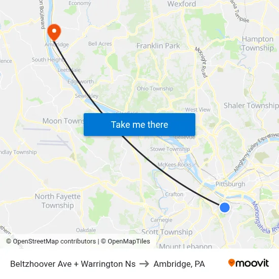Beltzhoover Ave + Warrington Ns to Ambridge, PA map