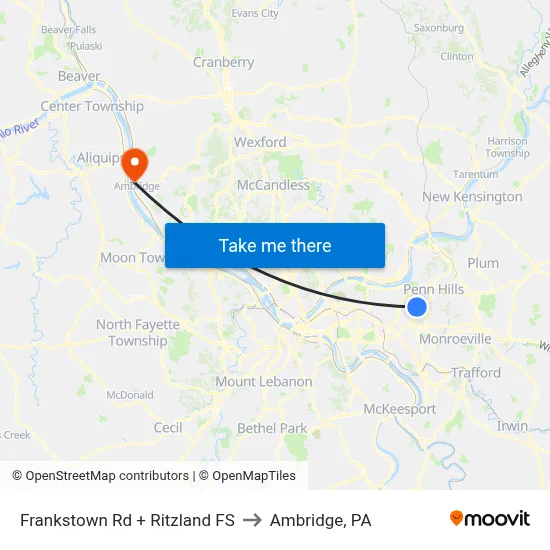 Frankstown Rd + Ritzland FS to Ambridge, PA map