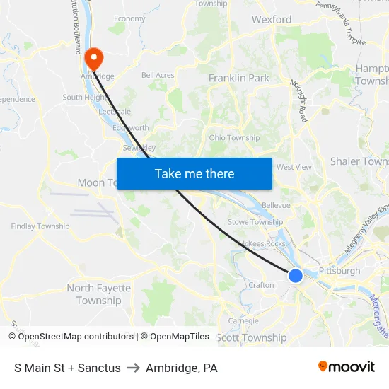 S Main St + Sanctus to Ambridge, PA map