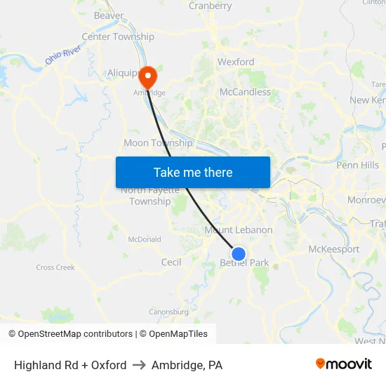 Highland Rd + Oxford to Ambridge, PA map