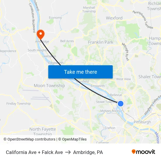 California Ave + Falck Ave to Ambridge, PA map