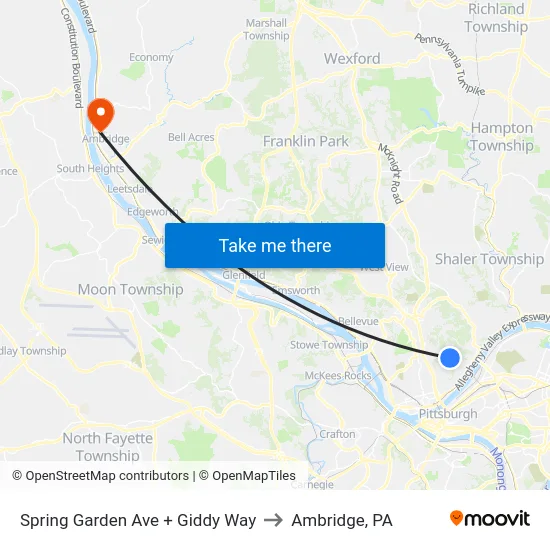 Spring Garden Ave + Giddy Way to Ambridge, PA map
