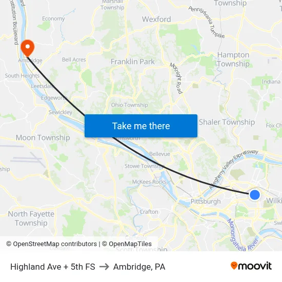 Highland Ave + 5th FS to Ambridge, PA map