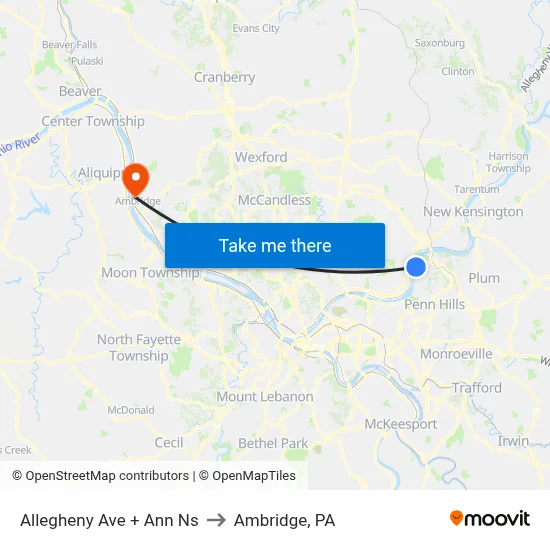 Allegheny Ave + Ann Ns to Ambridge, PA map