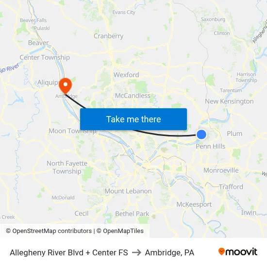 Allegheny River Blvd + Center Ave to Ambridge, PA map