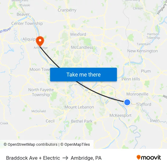 Braddock Ave + Electric to Ambridge, PA map