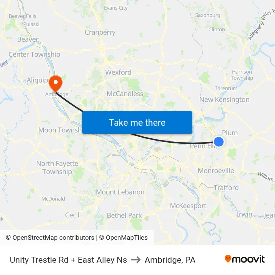 Unity Trestle Rd + East Alley Ns to Ambridge, PA map