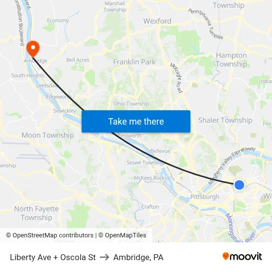 Liberty Ave + Oscola St to Ambridge, PA map