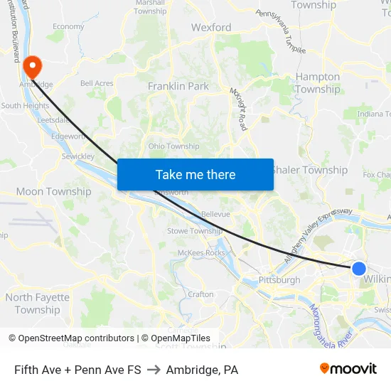 Fifth Ave + Penn Ave FS to Ambridge, PA map