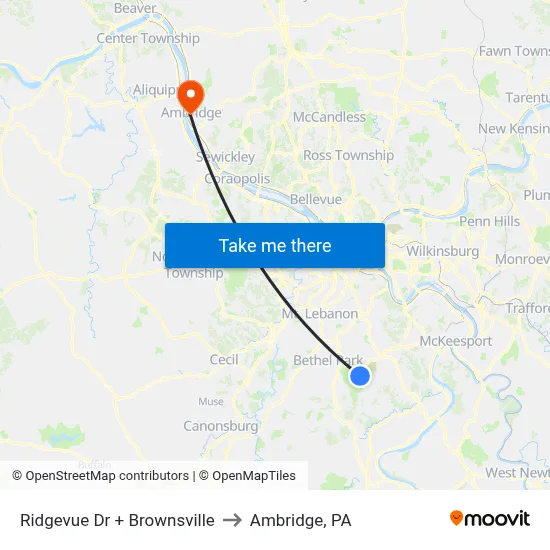 Ridgevue Dr + Brownsville to Ambridge, PA map