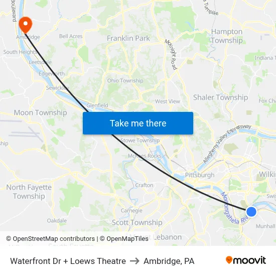 Waterfront Dr + Loews Theatre to Ambridge, PA map