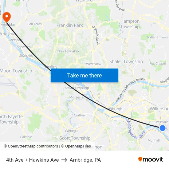 4th Ave + Hawkins Ave to Ambridge, PA map