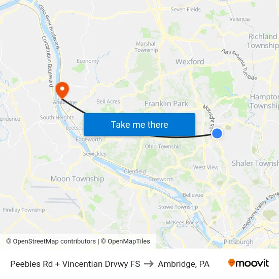 Peebles Rd + Vincentian Drvwy FS to Ambridge, PA map